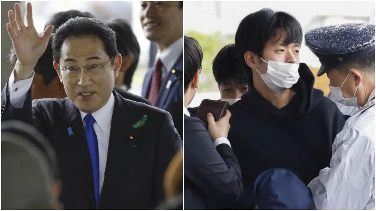 Japanese PM Kishida (L) moments before he was attacked by a man (R) who has been detained as a suspect in the incident.