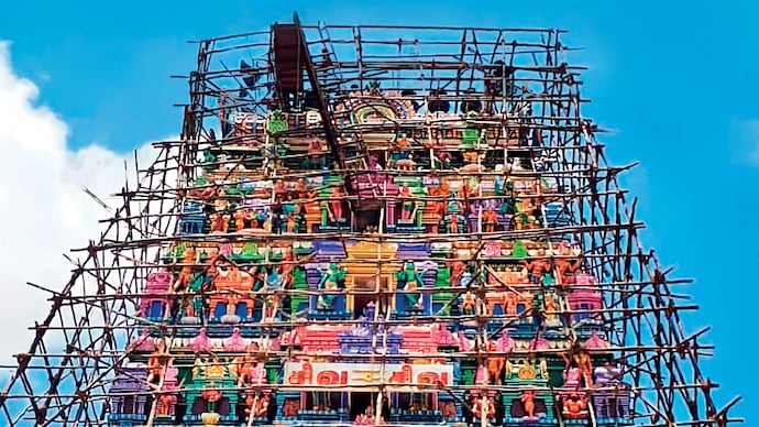 SCAFFOLDED: Maintenance work at the Arulmigu Varageeswaran temple in Kancheepuram, TN.