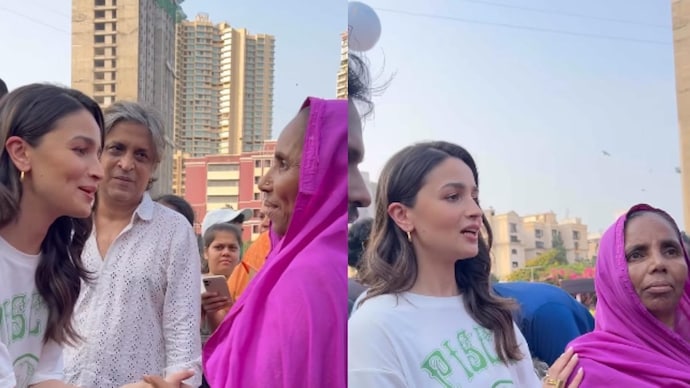 आलिया भट्ट बुढ़िया से हाथ मिलाती नजर