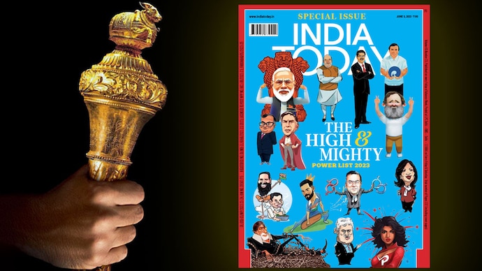 Left: The sacred 'Sengol', symbolizing the transfer of power from the British to India.  Right: India Today's high and mighty list