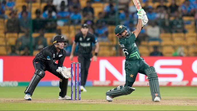 Pakistan's captain Babar Azam hits a six vs New Zealand. (AP Photo) Babar Azam