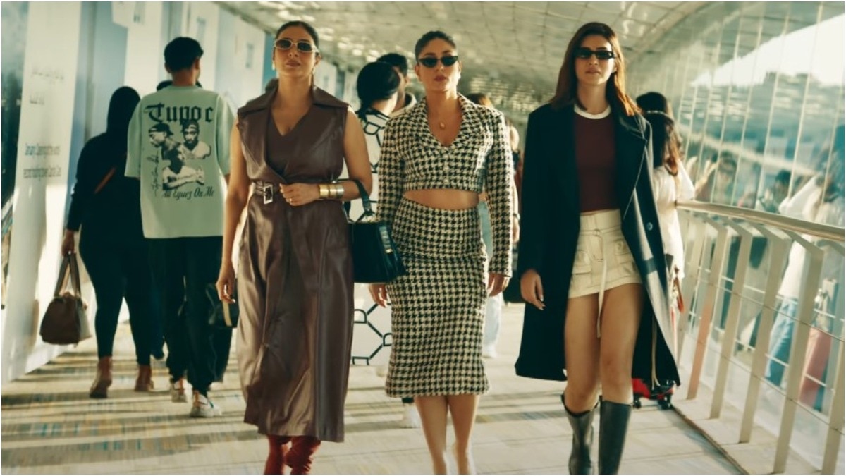 A still of Tabu, Kareena Kapoor and Kriti Sanon from 'Crew' teaser.