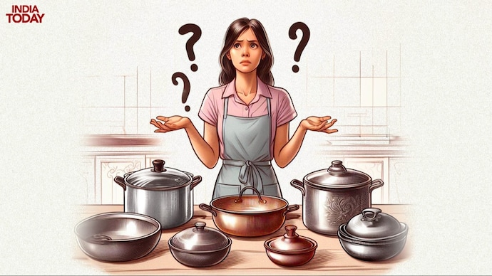 A woman standing in kitchen with different types of cookware 