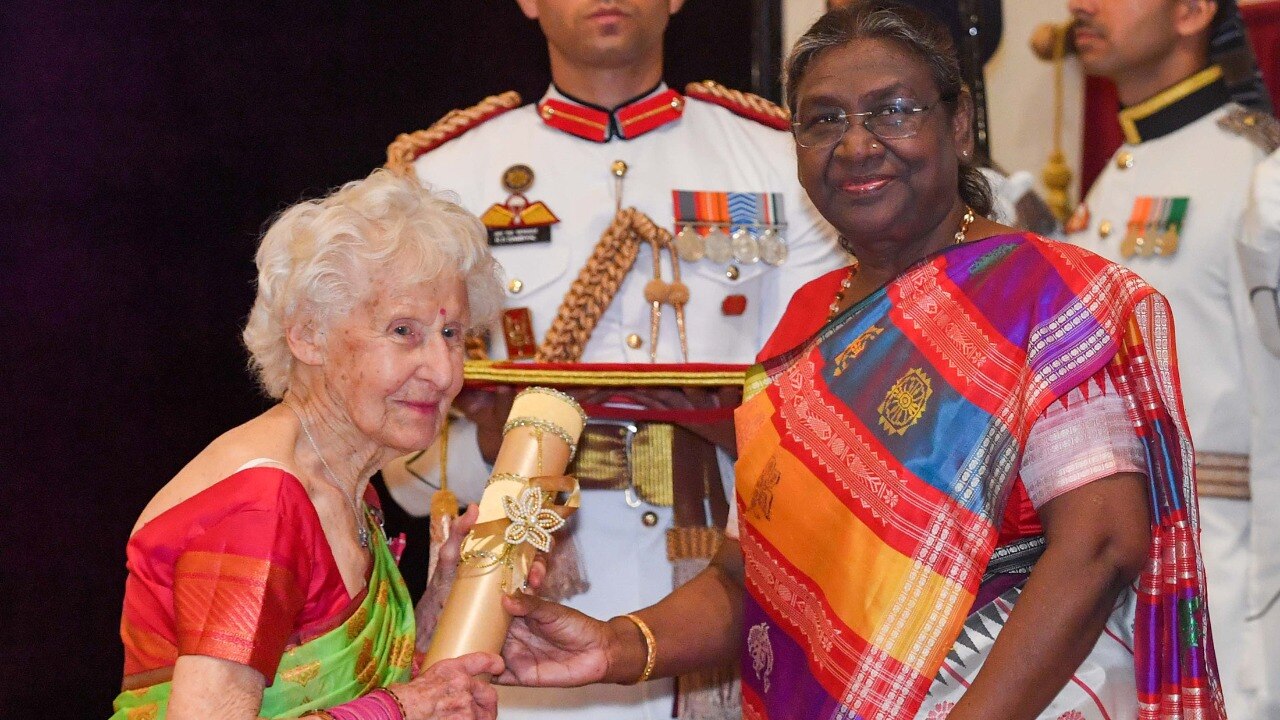 The President, Smt. Droupadi Murmu presenting the Padma Shri Award to Smt. Charlotte Chopin at the Civil Investiture Ceremony-II at Rashtrapati Bhavan, in New Delhi on May 09, 2024.