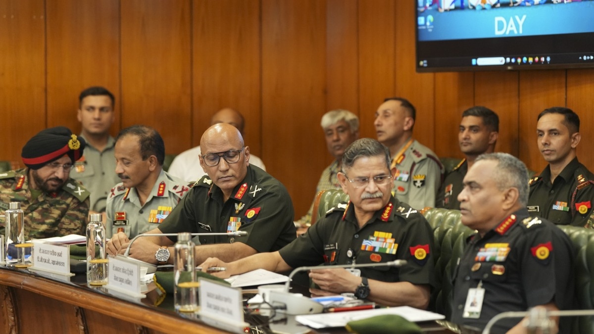 Outgoing Chief of Army Staff General Manoj Pande (left) and Vice Chief of the Army Staff Lt General Upendra Dwivedi (second left) with other officials during a high-level meeting on June 17. (Photo: PTI)