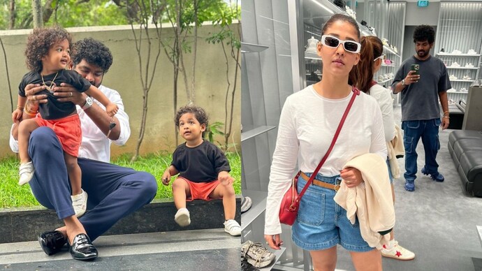 Vignesh Shivan shared beautiful pictures of Nayanthara and her sons with fans. (Photo Credit: Instagram/wikiofficial) A collage of Nayanthara and Vignesh Shivan's family.
