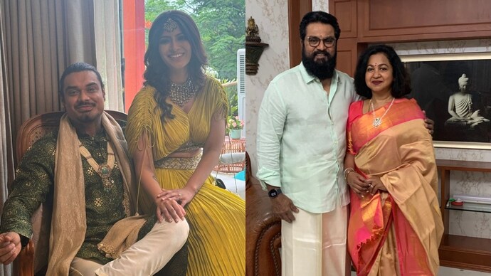 Varalaxmi Sarathkumar's concert featured her, Sarathkumar, Radhika and her siblings performing. A collage of Varalakshmi and family.