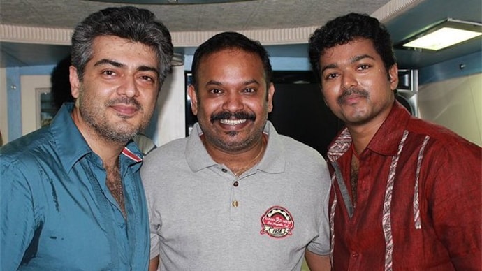 GOAT director Venkat Prabhu with Ajith Kumar and Vijay. Ajith Kumar, Venkat Prabhu, Vijay