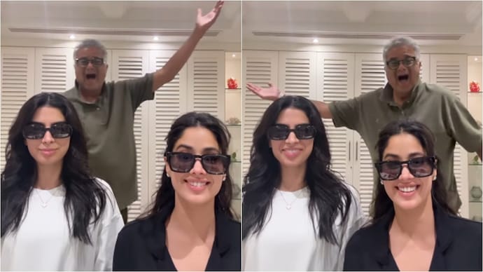 Boney Kapoor joins his daughters Khushi and Janhvi in his fun video. (Photo: Instagram/Khushbi Kapoor) Janhvi Kapoor, Boney Kapoor, Khushi Kapoor