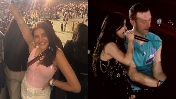 Kajal Aggarwal praised Coldplay's collaboration with Jasleen Royal for the Mumbai concert. Pictures of Kajal Aggarwal, Chris Martin and Jasleen Royal.