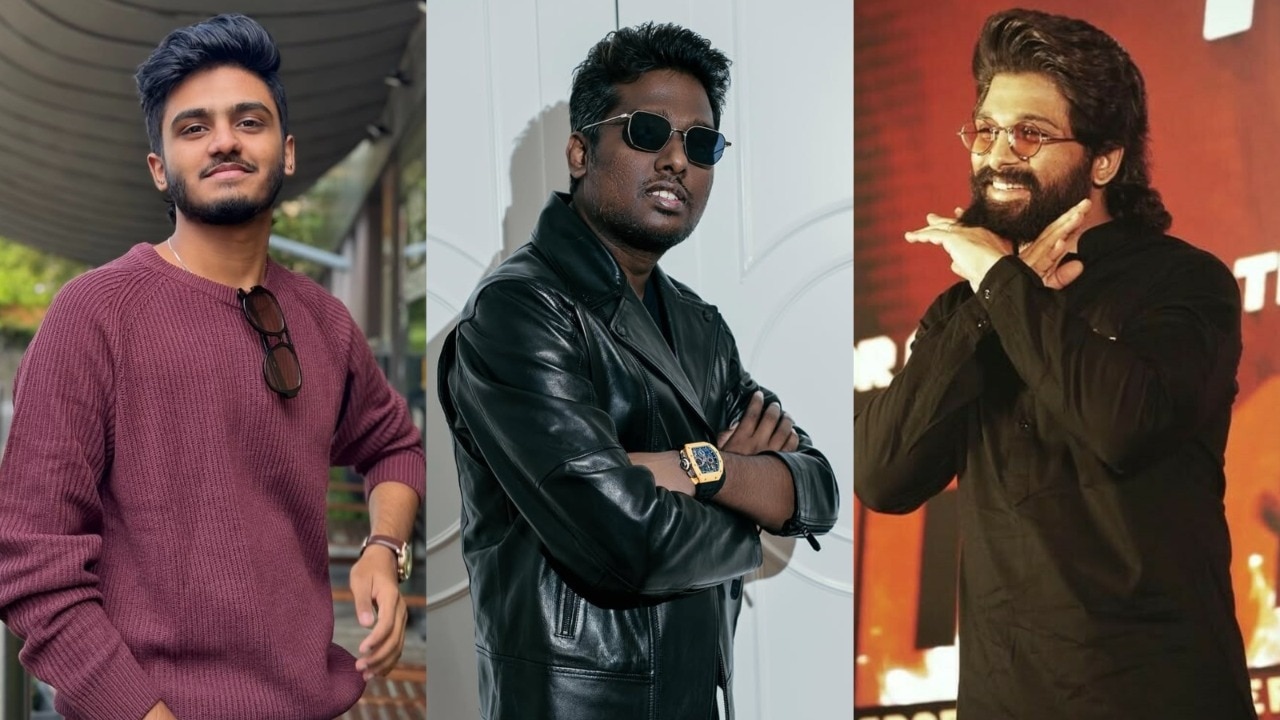 Photos of Sai Abhyankkar, Atlee and Allu Arjun.