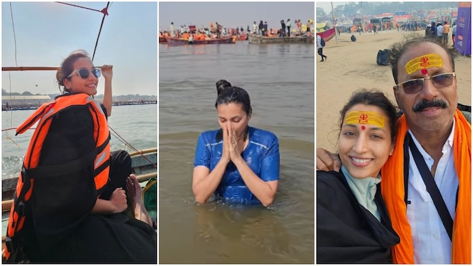 Srinidhi Shetty visited Maha Kumbh with her father. Photo: Instagram/srinidhi_shetty Srinidhi Shetty