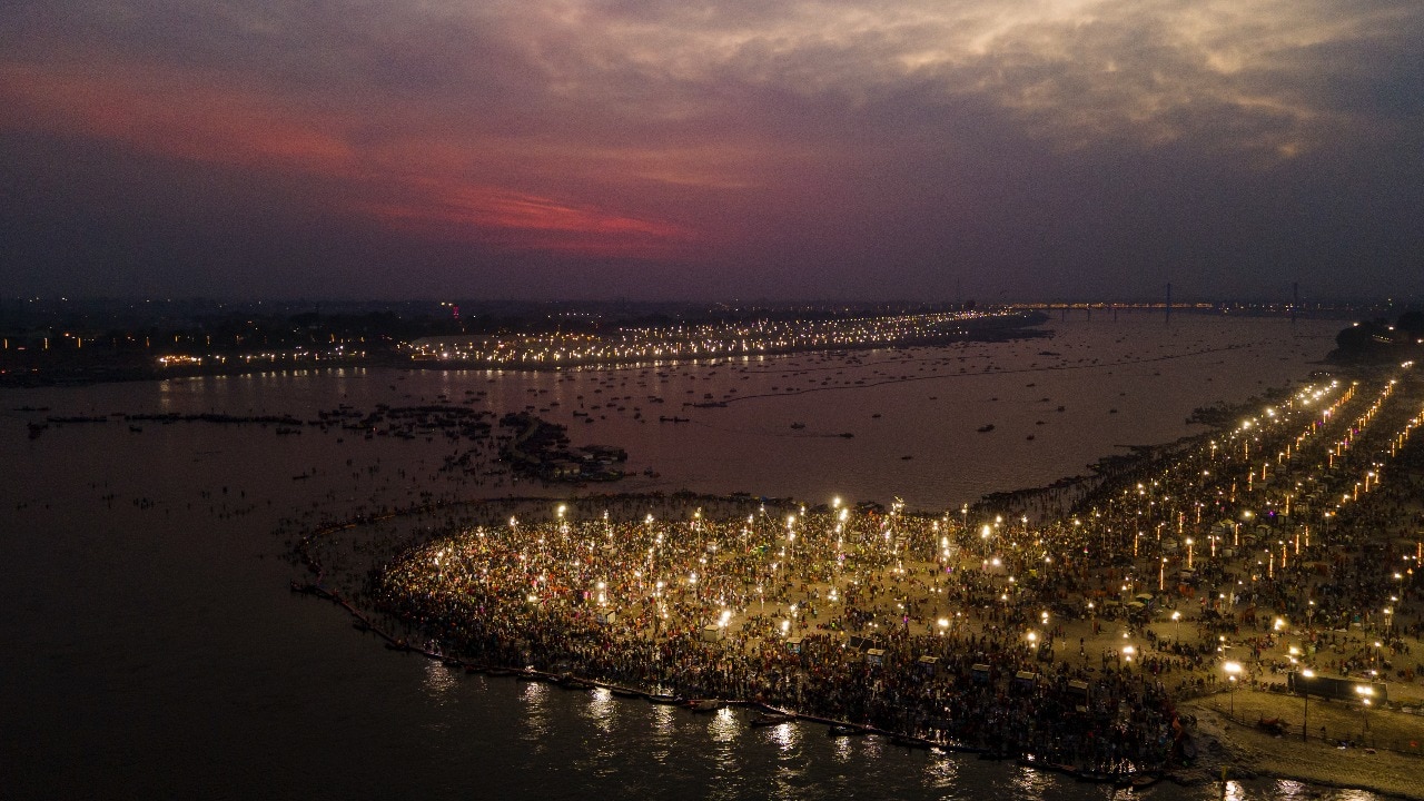 The Sangam area illuminated on the eve of 'Maha Shivratri' festival, during the ongoing Maha Kumbh Mela. (Photo: PTI)