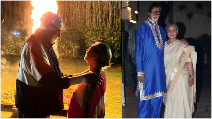Amitabh and Jaya Bachchan share a warm moments during Holika Dahan. Amitabh Bachchan Jaya Bachchan