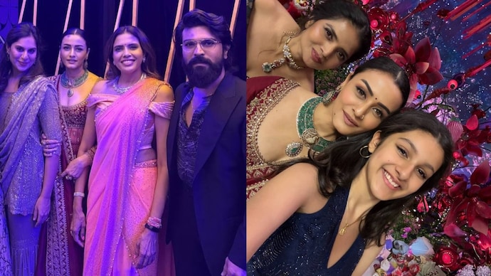 Ram Charan attended a wedding with Upasana and hit Mahesh Babu's wife Namrata Shirodkar. (Photo Credit: X/Namratashirodkar) Pictures of Ram Charan with worship and Namrata Shirodkar.