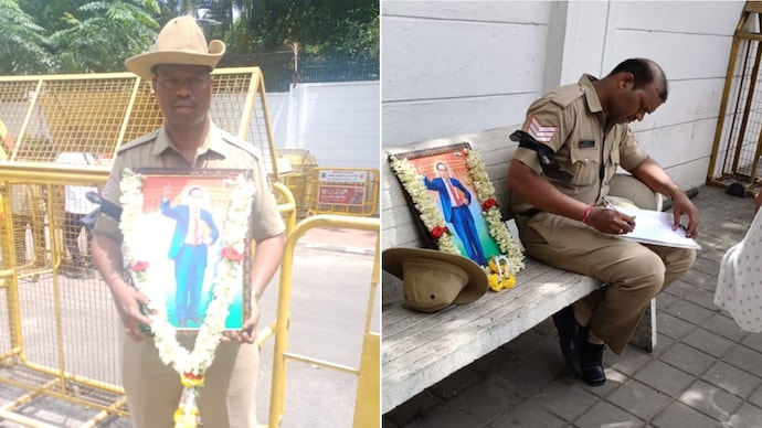 Bengaluru head constable protests in uniform with Dr BR Ambedkar's photo against Commissioner B Dayananda's suspension over stadium stampede - Bangalore News | India Today