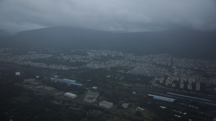 Clouds over the skyline of Visakhapatnam before Cyclone Montha makes landfall near Kakinada in Andhra Pradesh. (Reuters)