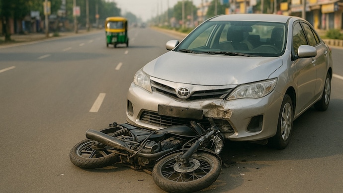 A speeding car hit a motorcycle on the Sheopur-Pali highway in Madhya Pradesh. (AI generated image) Car rams bike