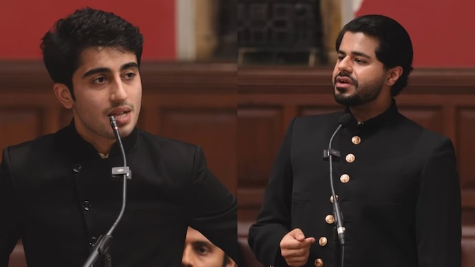 Indian law student Viraansh Bhanushali countered Pakistan's Moosa Harraj using his personal anecdotes related to 26/11 attacks, and data to expose Pakistan. (Image: Screengrabs via YouTube) viraansh bhanushli oxford union debate law student moosa harraj india vs pakistan
