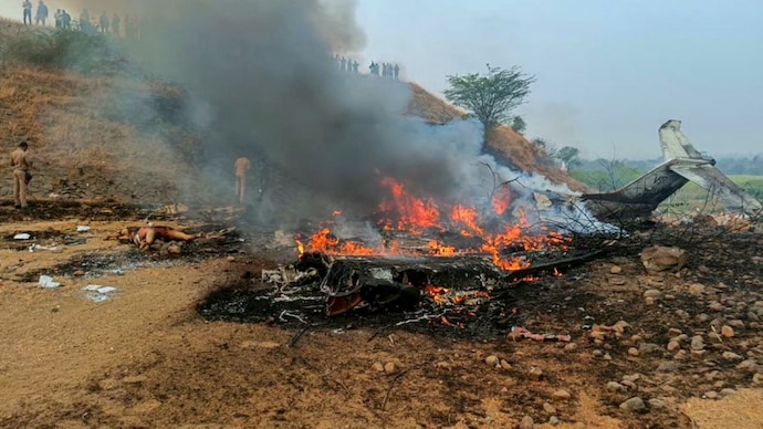 Maharashtra Deputy Chief Minister Ajit Pawar's plane in flames after it crashed during landing, at Baramati Ajit Pawar plane crash