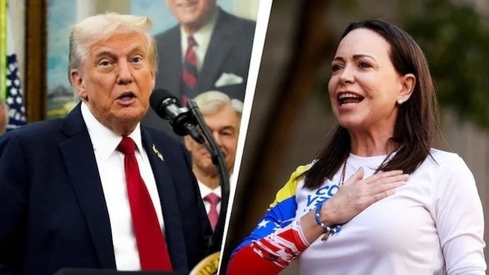 Donald Trump doubts Maria Corina Machado’s ability to lead Venezuela, cites vice president Delcy Rodrguez’s swearing-in. (File Photos) Trump and Maria Corina Machado