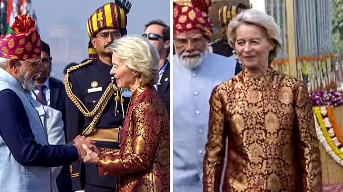 Ursula von der Leyen wore a brocade bandhgala jacket paired with a churidar for India’s 77th Republic Day parade. Ursula von der Leyen wore a brocade bandhgala jacket paired with a churidar for India’s 77th Republic Day parade.