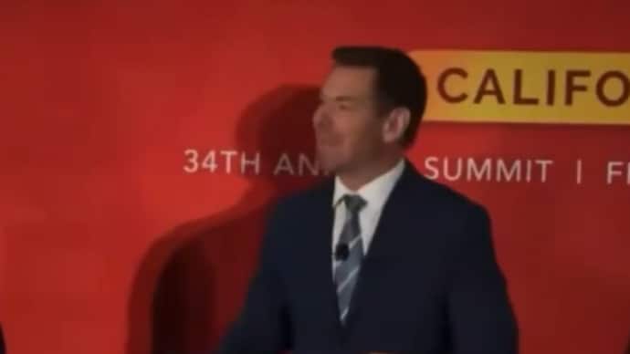 US lawmaker and California Governor candidate Eric Swalwell speaks at a forum for candidates of the gubernatorial race. US lawmaker and California Governor candidate Eric Swalwell