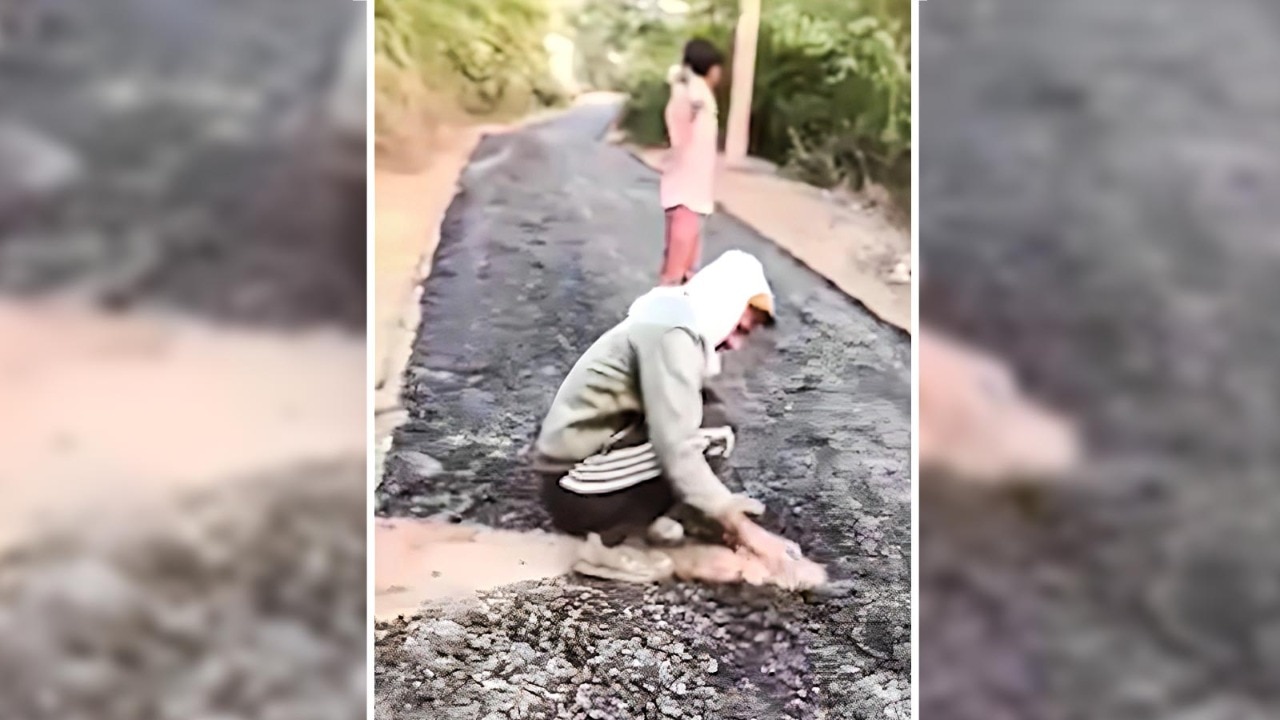 Video: Villagers dig up recently repaired road with bare hands in UP's Jhansi