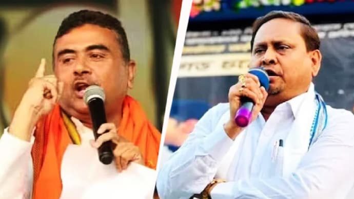 BJP leader Suvendu Adhikari and Janata Unnayan Party chief Humayun Kabir. suvendu adhikari humayun kabir bangladesh funding babri mosque