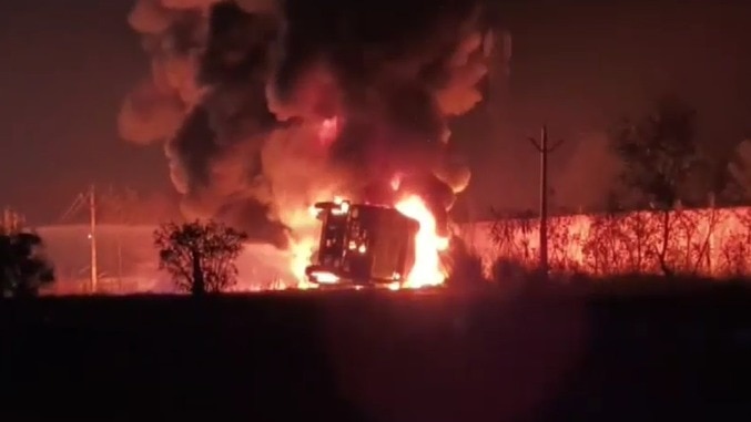 Oil tanker flips, catches fire after brushing power line in UP; driver escapes