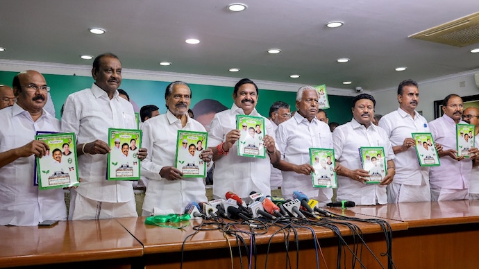 AIADMK chief Edappadi K Palaniswami (centre) with others releases the party's manifesto ahead of the state Assembly elections. (PTI photo) AIADMK chief Edappadi K Palaniswami (centre) with others releases the party's manifesto ahead of the state Assembly elections. (PTI photo)