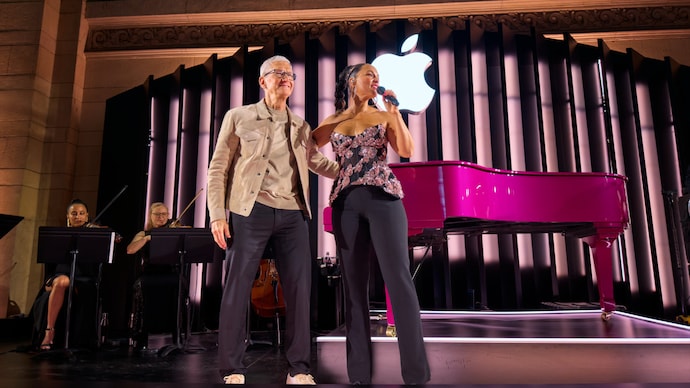 Tim Cook and Alicia Keys greet the audience at Apple’s 50th anniversary celebration in New York City (Photo credit: Apple) Apple