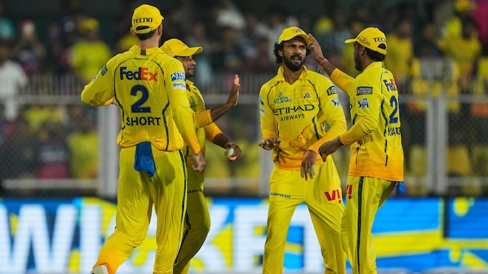 CSK slumped to an 8-wicket defeat to RR. Courtesy: PTI Chennai Super Kings players