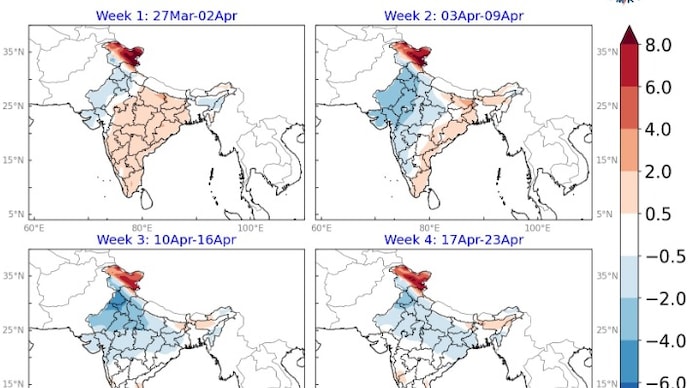 A weather map showing the expected rainfall in April. (Photo: Screengrab) Heatwaves not in sight: Extreme heat to remain missing in India until late April