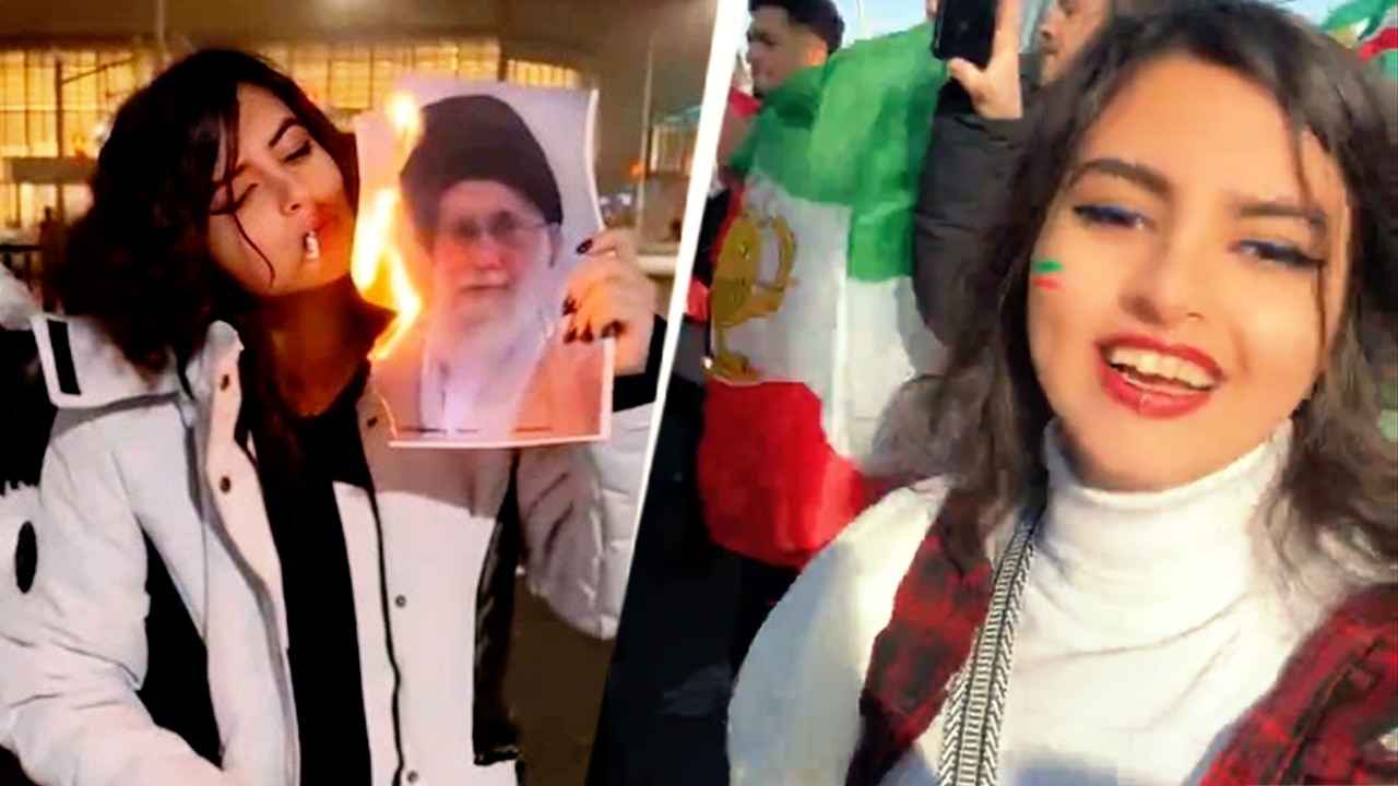 Video: Woman who lit cigarette with burning Khamenei photo celebrates his death