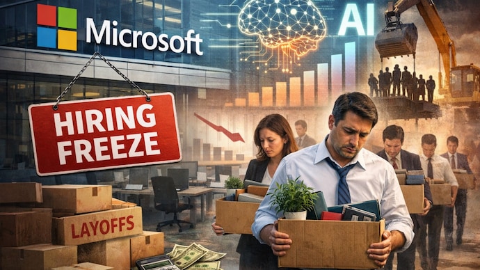 After 15,000 layoffs, Microsoft now plans to stop hiring to save cost and protect margins. (Image generated using AI) microsoft, AI, layoffs, microsoft hiring, jobs,