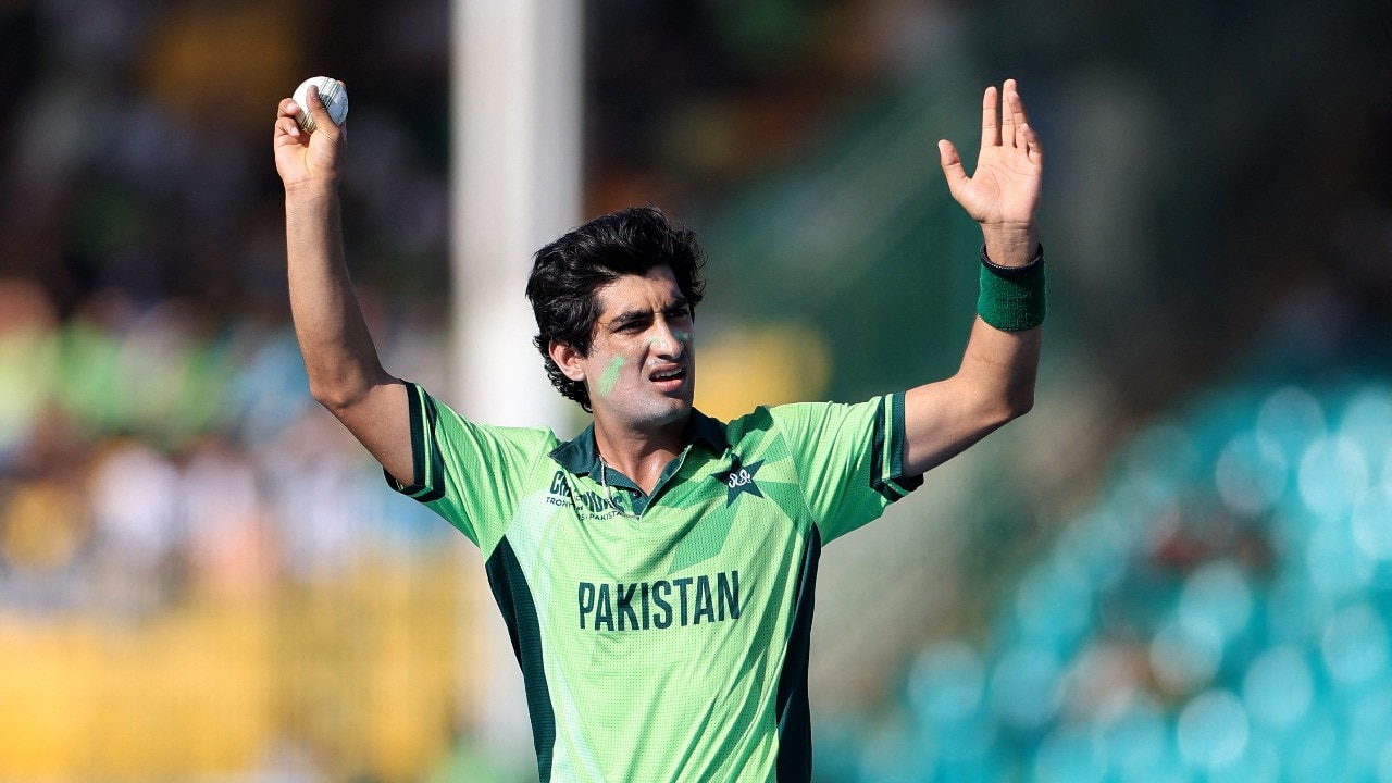 Naseem Shah during a cricket match, facing scrutiny for a social media controversy