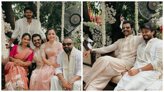 Anand Deverakonda (back) with brother Vijay (left) and sister-in-law Rashmika Mandanna (right). (Credit: Instagram/Anandadevarakonda) Newly married couple Vijay, Rashmika smiling at their wedding with Anand Deverakonda. view photos
