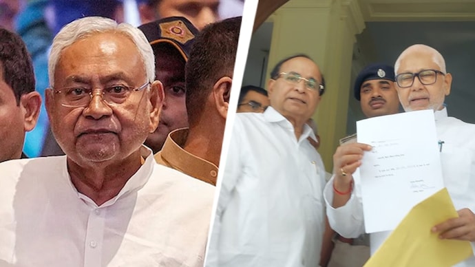 Nitish Kumar resigns from Bihar legislature (Left), Sanjay Gandhi holding his resignation (Right)