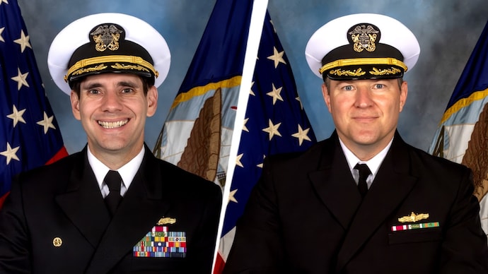 Leigh R Tate, the commander and Jeffrey E York, the executive officer of the USS Spruance. (Image: @Iran_in_India) US Navy officers
