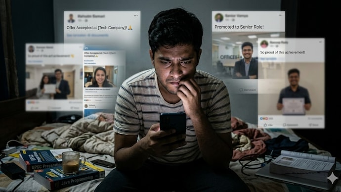 In a digital-first world where careers are constantly on display, Gen Z is navigating a new kind of pressure: Career FOMO. (Image: AI-generated) Scrolling through everyone else’s success… and questioning your own timeline(Image: AI Generated)