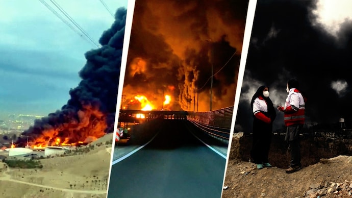 Visuals showed giant fireballs lighting up the skyline and dense plumes of smoke rising above Tehran. Visuals showed giant fireballs lighting up the skyline and dense plumes of smoke rising above Tehran.