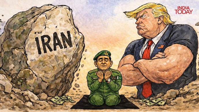 Pakistan could find itself in an impossible bind, as Donald Trump's most viable route for deploying troops in Iran runs through its territory, a request Asim Munir cannot refuse. (Illustration: Rahul Gupta/India Today) us israel iran war pakistan geopolitics global energy crisis middle east war strait of hormuz pakistan mediator donald trump asim munir