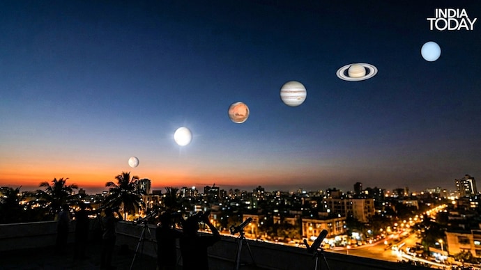 An image illustrating a planetary alignment in February 2026. (Photo: Gen AI/India Today) A stunning rare alignment of six planets graces the Indian night sky on February 28. (Photo: Gen AI/India Today)