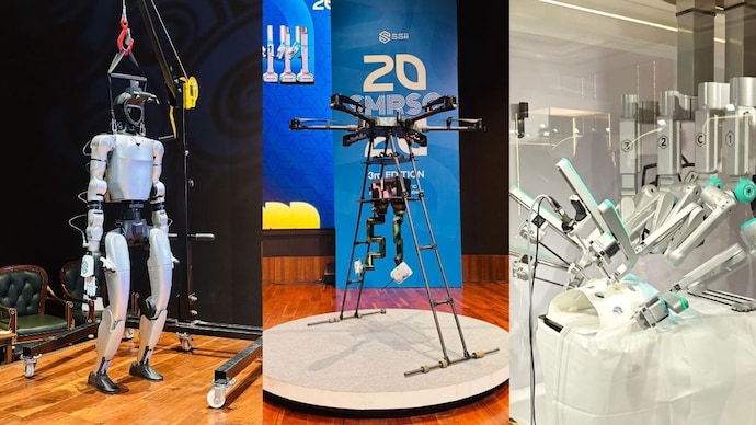 A triple-view look at the 2026 SMRSC exhibition, a conference focused on surgical robotics and medtech, featuring the KAYA humanoid, the Vimana surgical drone, and the robotic arms of their surgical system. (Photo: SS Innovations/Radifah Kabir) A triple-view look at the 2026 SMRSC exhibition, a conference focused on surgical robotics and medtech, featuring the KAYA humanoid, the Vimana surgical drone, and the robotic arms of their surgical system. (Photo: SS Innovations/Radifah Kabir)