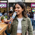 A woman enjoying push pop sushi. A woman enjoying push pop sushi.