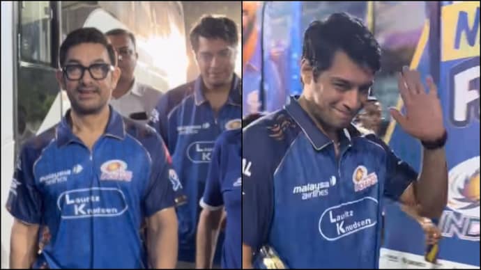 Aamir Khan, son Junaid attend MI vs SRH IPL match at Wankhede Stadium. (Photo courtesy: Instagram/Manav Mangalani) Aamir Khan, Junaid Khan
