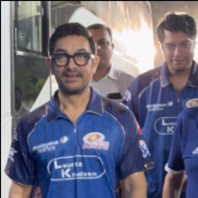 Aamir Khan, son Junaid twin in MI jerseys at Wankhede Stadium for IPL match