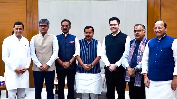 Rajya Sabha MPs Raghav Chadha, Ashok Mittal and Sandeep Pathak, who announced their resignations from AAP, joined the BJP in the presence of party chief Nitin Nabin in Delhi on Friday.