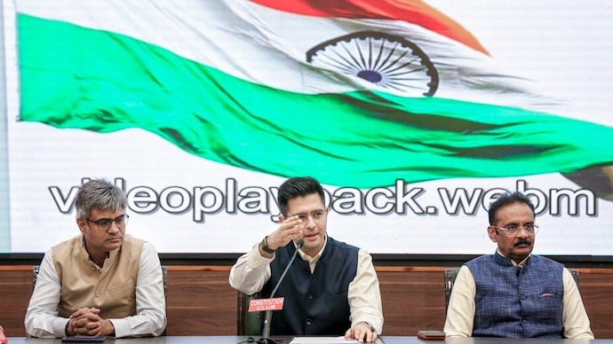 Raghav Chadha, Sandeep Pathak and Ashok Mittal speak at a New Delhi press conference after seven AAP Rajya Sabha MPs defect.